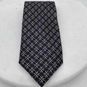 Alfani Mens Necktie Designer 100% Silk Geometric Handmade Tie Black and Silver
